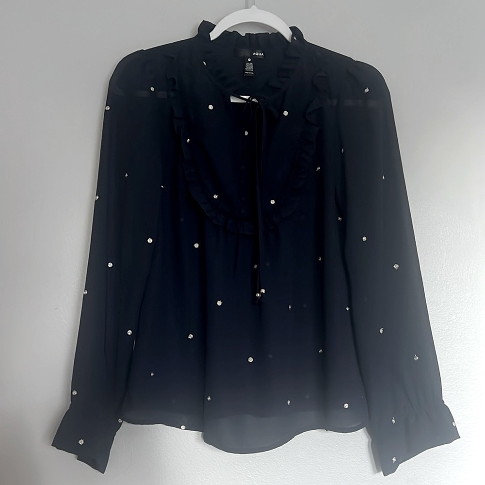 Aqua - blue blouse with silver dots. Feminine coquette